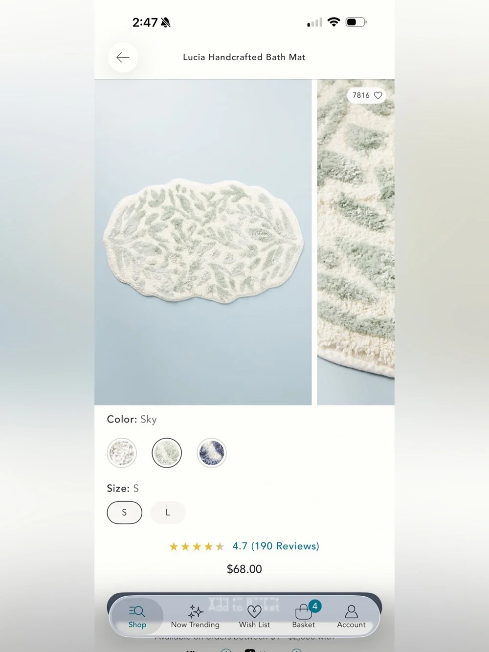 *SET OF 2* Plush Leaf-Pattern Bath Rug - Sky/White